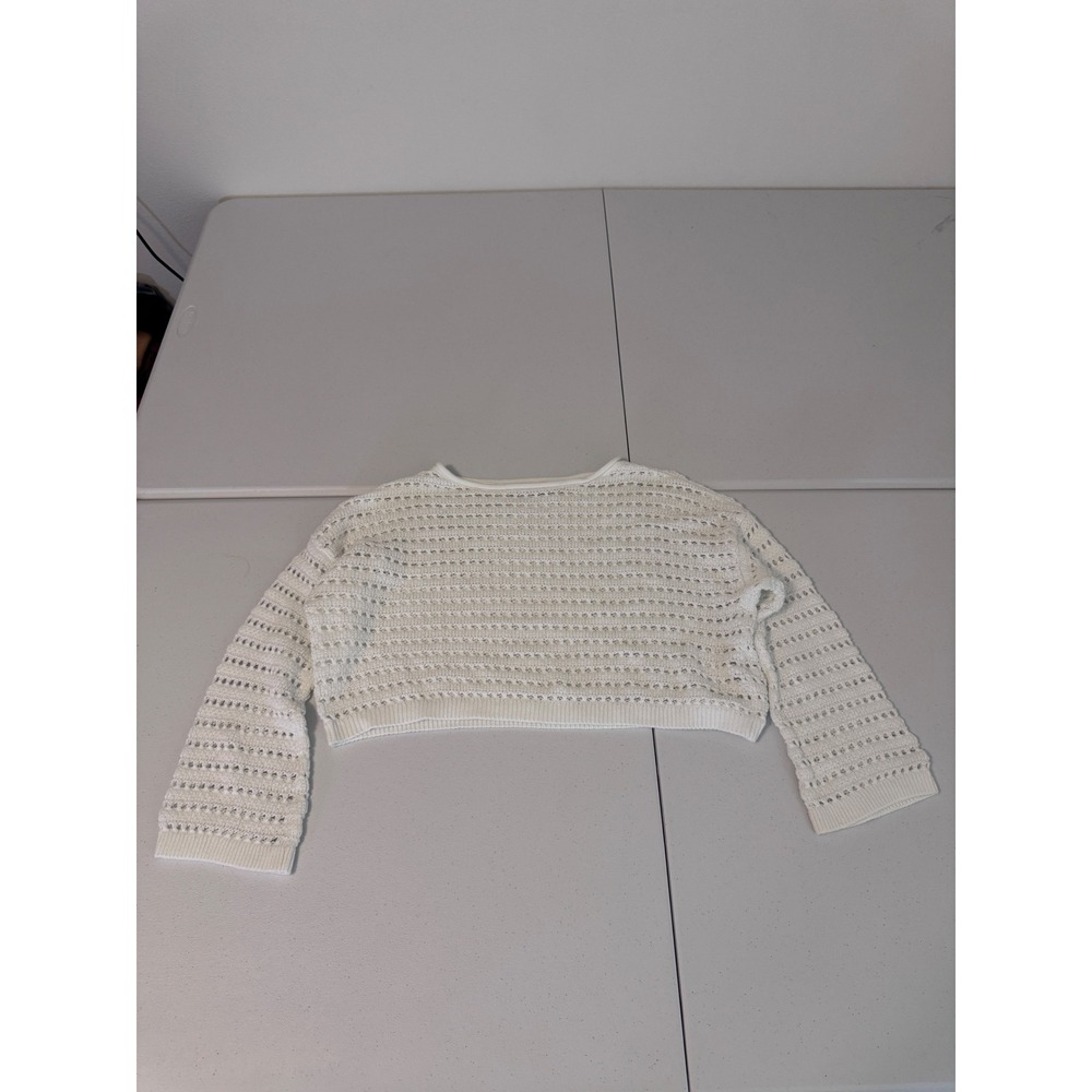 Hollister White Open Knit Cropped Sweater Long Sleeve Crewneck Large m3 - Picture 3 of 6